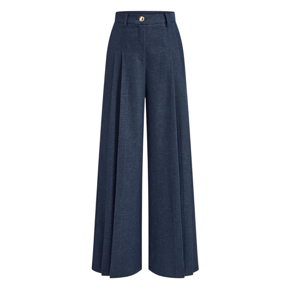 Commense Navy Blue Pleated Wide Leg Pants Trousers Small NWT Gold Button